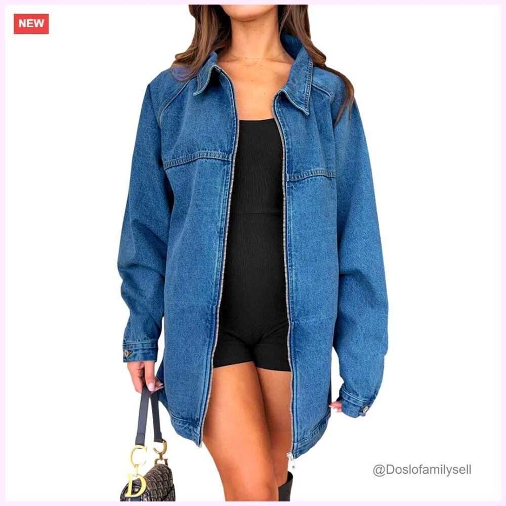 Oversized Denim Jacket Women's Long Sleeve Zip Up Distressed Boyfriend Style